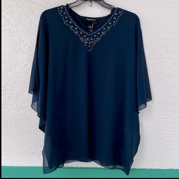 Maggie Barnes Tops - Maggie Barnes 2 Piece Blue Blouse Tank Sequence Beaded V Neck NWT 16W 0X